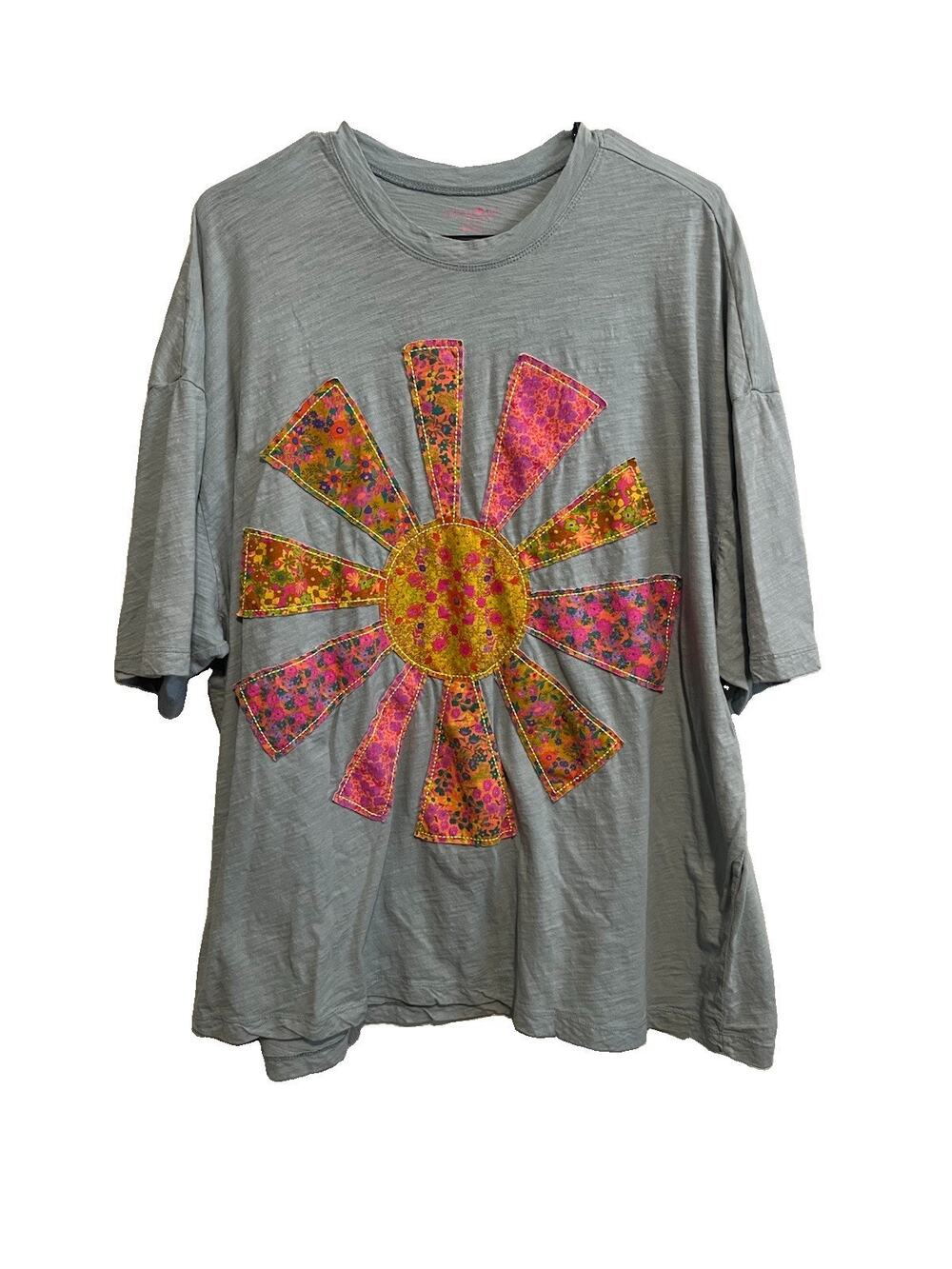 Natural Life Oversized Cotton Applique Sun Graphic Tee One Size Boho Floral